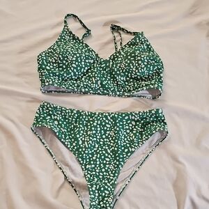Green and White Bikini Set